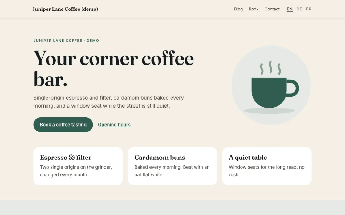 Juniper Lane Coffee (demo): a site designed in chat and hosted by Neural Draft