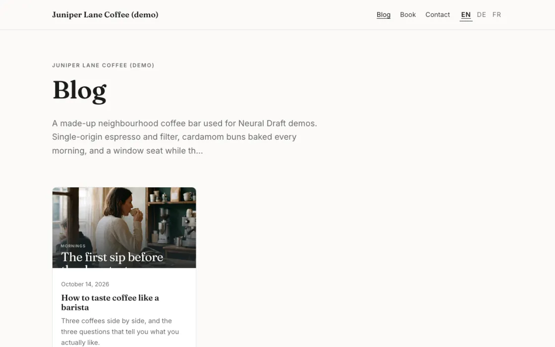 A Neural Draft blog styled like its website (Juniper Lane Coffee demo)