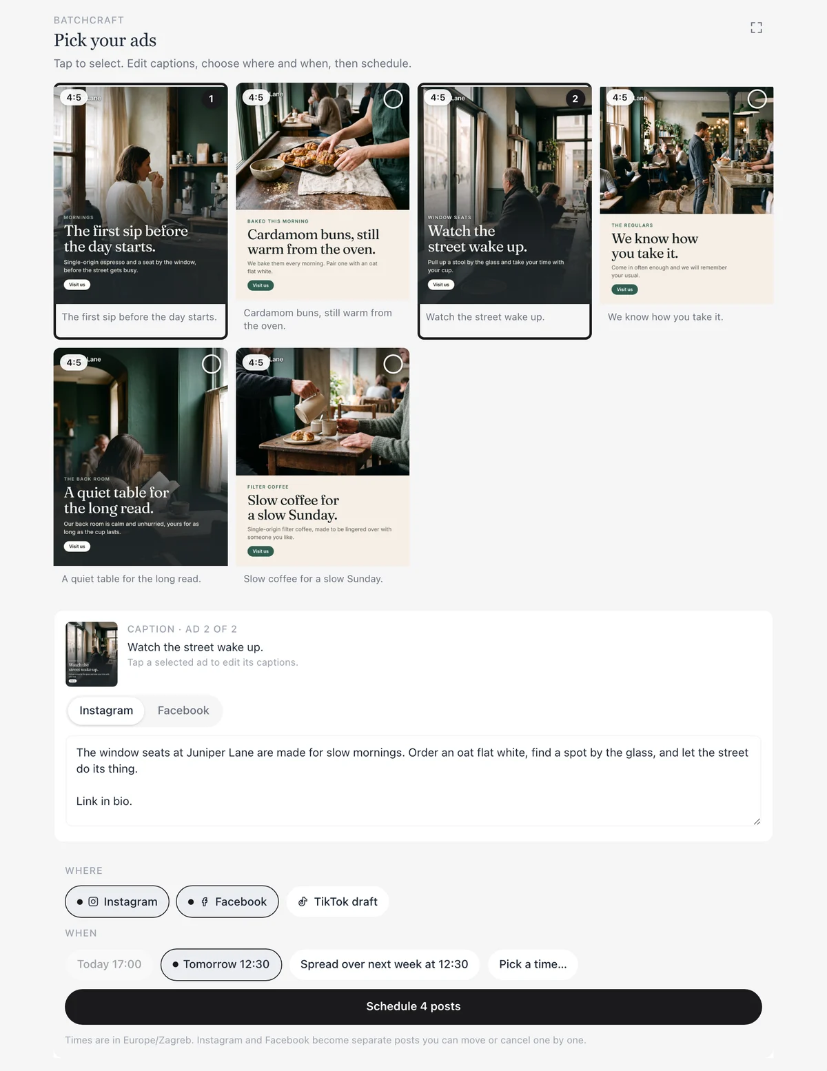 The ad picker in Claude: tap ads, pick platforms and times