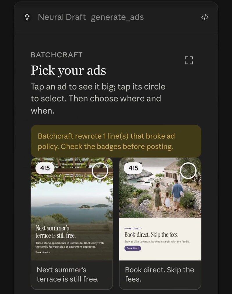 Batchcraft “Pick your ads” card with two finished ads
