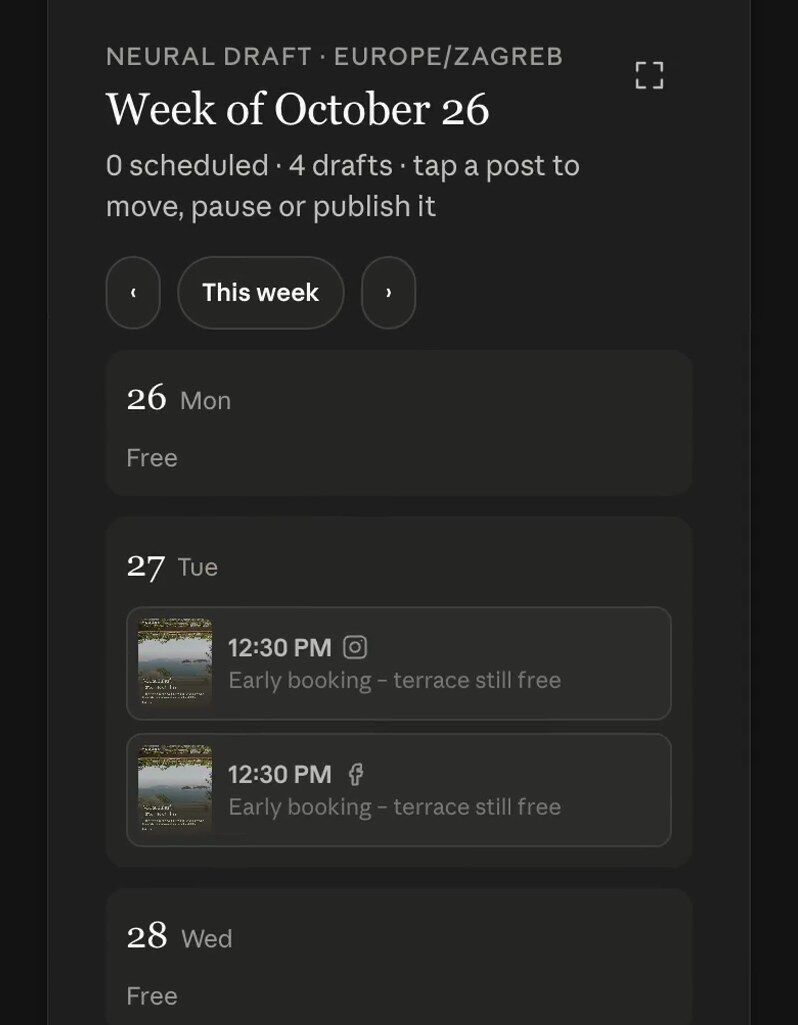 Calendar card for the week of October 26 with the scheduled drafts