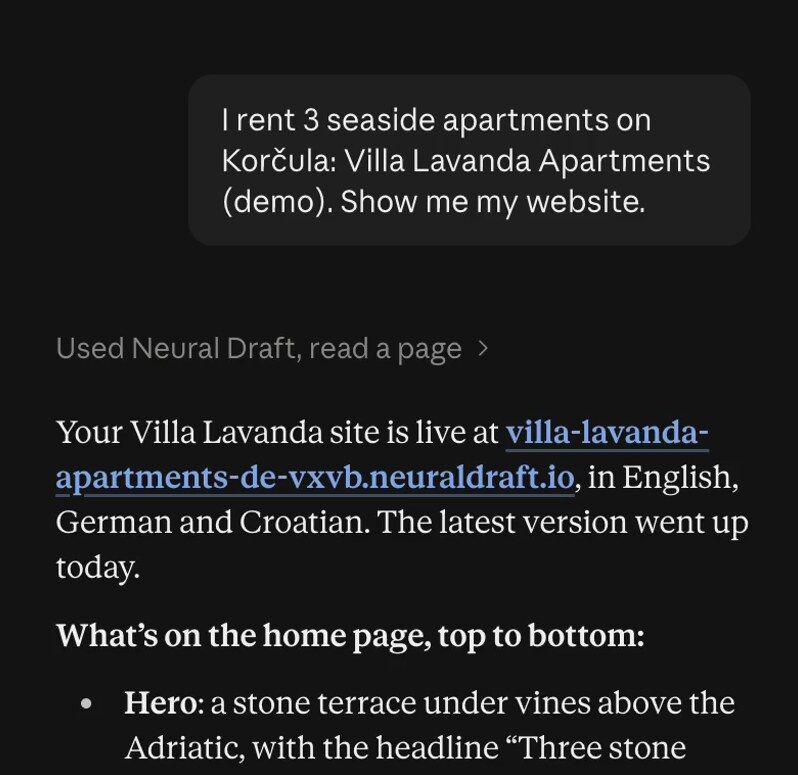 Claude summarises the Villa Lavanda website after the owner asks to see it