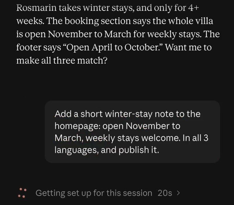 The owner asks Claude to add a winter-stay note in all three languages and publish it
